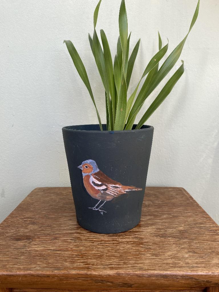 Handbeschilderde Bloempot Vogel Vink, Tuin en Terras, Bloempotten, Rond, Ophalen of Verzenden, Zo goed als nieuw, Aardewerk