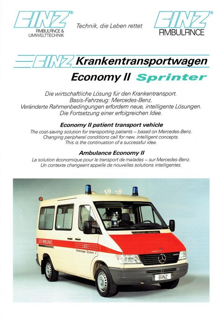 Folder Binz Sprinter Economy ll Krankentransportwagen (1995), Boeken, Auto's | Folders en Tijdschriften, Gelezen, Mercedes, Verzenden