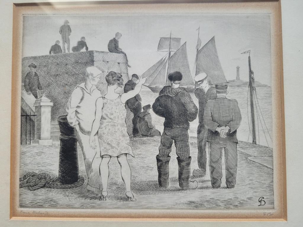 ets gravure Pierre Dubreuil kade haven Frankrijk gesigneerd, Antiek en Kunst, Kunst | Etsen en Gravures, Ophalen of Verzenden