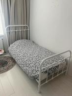 1 persoons bed metalen frame wit, Ophalen, 90 cm, Eenpersoons, Wit