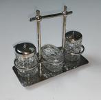 Verzilverd en kristallen peper, zout en mosterd stel, Ophalen of Verzenden, Gebruikt
