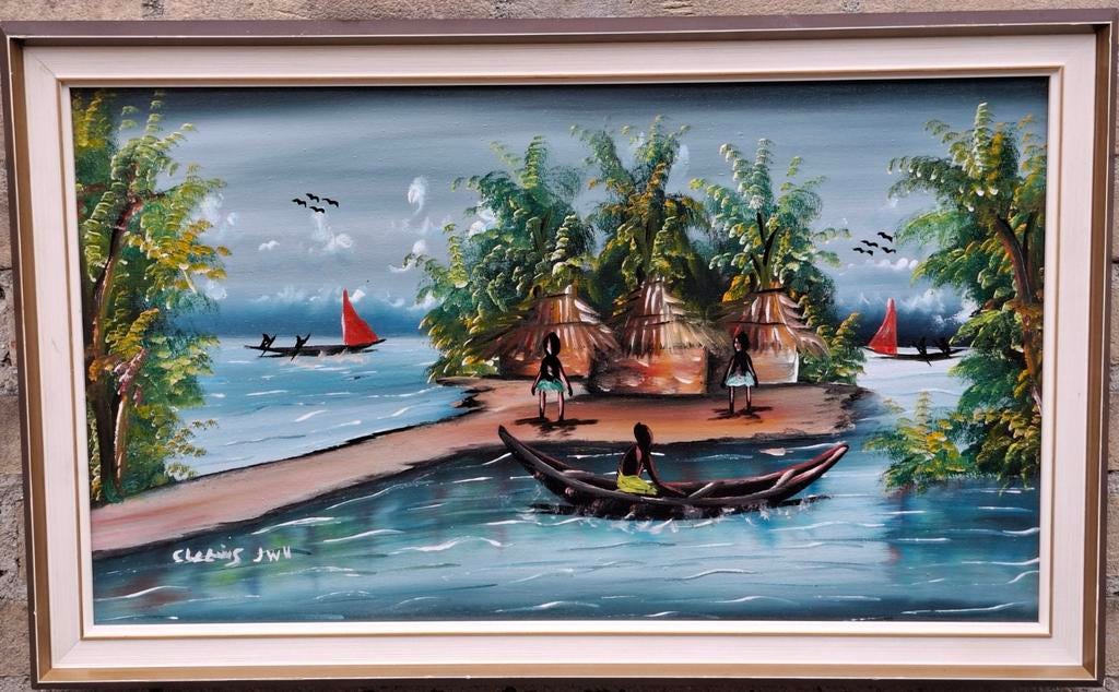 Afrikaans schilderij. Acryl/doek. Sign. 66/41 cm., Huis en Inrichting, Woonaccessoires | Schilderijen, Tekeningen en Foto's, Zo goed als nieuw