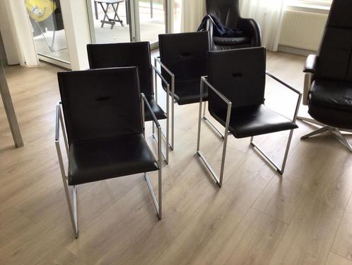 Arco Frame Eetkamerstoelen - Zwart Leder, RVS Frame, Huis en Inrichting, Stoelen, Zo goed als nieuw, Vier, Leer, Zwart, Ophalen