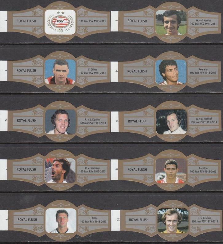 Sigarenbanden van P.S.V. 100 Jaar, Royal Flush 1-10 grijs-g., Verzamelen, Rookartikelen, Aanstekers en Luciferdoosjes, Nieuw, Sigarenbandjes