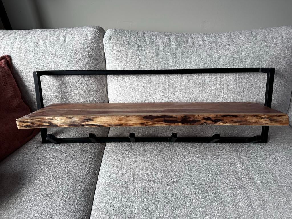 Industriële kapstok met eiken plank en 6 haken, Gebruikt, Minder dan 100 cm, Hout, Ophalen