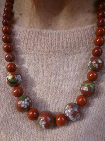 Collier echte Jaspis en Emaille Cloisonné Kralen / 58 cm beschikbaar voor biedingen