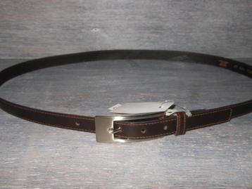 Smalle bruine leren riem met langwerpige zilverkleurige gesp beschikbaar voor biedingen