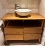 Wastafelmeubel eiken met waskom, mat wit, en kraan, Ophalen, Gebruikt, 100 tot 150 cm, Minder dan 100 cm