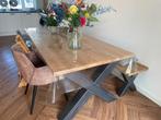 Eikenhouten tafel + bankje met stalen X onderstel, Huis en Inrichting, Tafels | Eettafels, Ophalen, Gebruikt, Eikenhout, 200 cm of meer