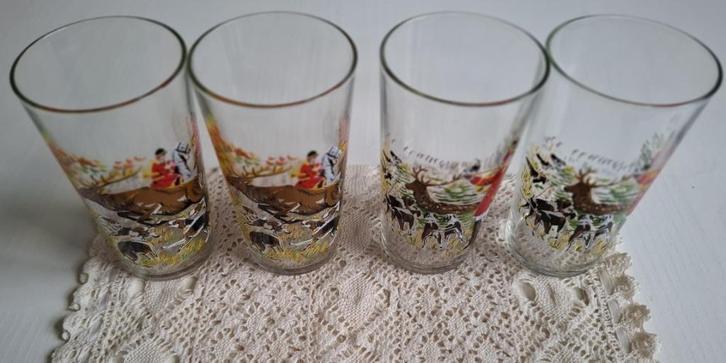 4 Vintage Franse drinkglazen, jacht, jachttafereel, honden, Antiek en Kunst, Curiosa en Brocante, Ophalen of Verzenden