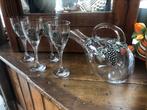 Vintage glazen karaf & wijnglazen met druiven motief van tin, Ophalen of Verzenden
