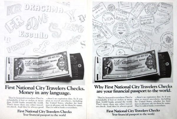 13 vintage advertenties Travelers Cheque Card 69-81 checks, Ophalen of Verzenden, Zo goed als nieuw, Overige typen