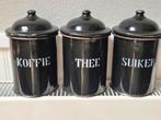 Zwart Emaille koffie thee suiker bussen met knopdeksel, Ophalen of Verzenden