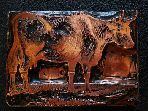 Een roodkoperen drukplaat / stempel van een koe rund, Antiek en Kunst, Antiek | Gereedschap en Instrumenten, Ophalen of Verzenden