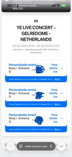 3x zitplaatsen voorste rij Kanye West Gelredome, Tickets en Kaartjes, Concerten | Pop, Drie personen of meer, Juni