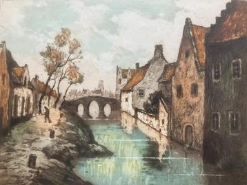Stadsgezicht op brug Le Vieux Canal – Davril – ingekleurde e beschikbaar voor biedingen