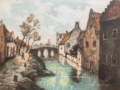 Stadsgezicht op brug Le Vieux Canal – Davril – ingekleurde e, Antiek en Kunst, Kunst | Etsen en Gravures, Ophalen