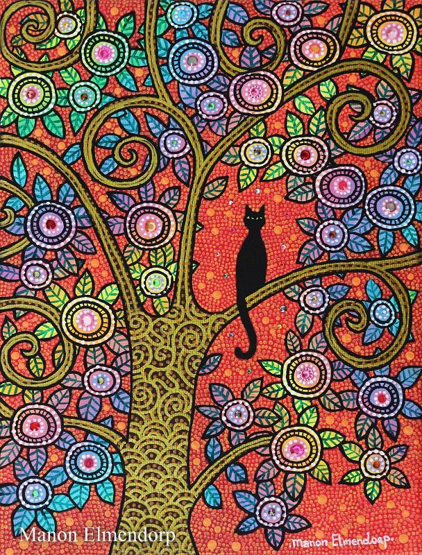 Uniek Handgeschilderd Schilderijtje Kat in Boom Nieuw, Antiek en Kunst, Kunst | Schilderijen | Modern, Ophalen of Verzenden