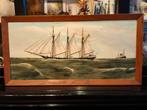 Olieverf schilderij zeegezicht met driemaster schoener, Antiek en Kunst, Ophalen of Verzenden