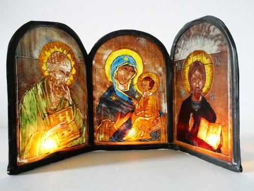 Glas in lood drieluik Icoon drieluik Johannes Maria Jezus..., Antiek en Kunst, Antiek | Religie, Ophalen of Verzenden