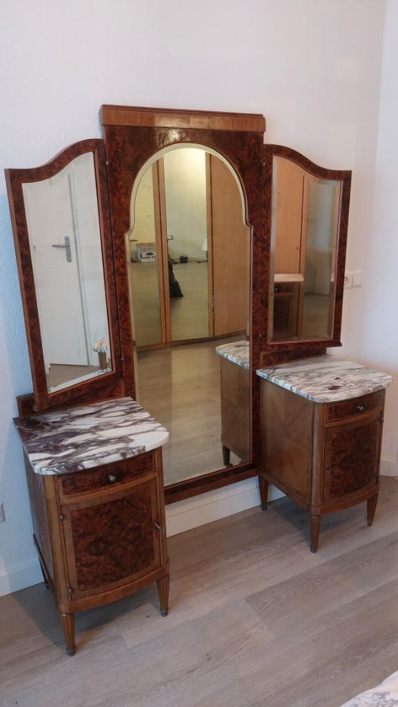 Antieke kaptafel wortelhout fineer, met spiegel en kastjes, Huis en Inrichting, Tafels | Kaptafels, Gebruikt, 150 tot 200 cm, 100 tot 150 cm