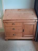 bureau, secretaire geloogd grenen met klep en lades, Ophalen, Gebruikt, Antiek geloogd grenen hout
