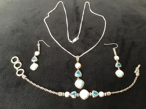 Zendro zilveren set, ketting armband oorbellen ring.925, Sieraden, Tassen en Uiterlijk, Kettingen, Zo goed als nieuw, Zilver, Blauw
