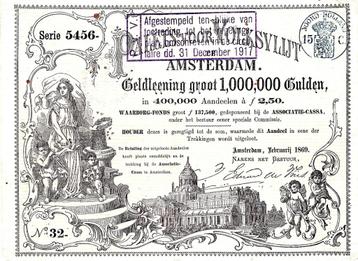 GELDLEENING GROOT 1,000,000 GULDEN AMSTERDAM 1869 beschikbaar voor biedingen