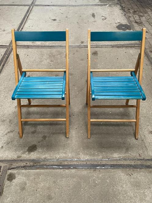 Set Van Twee Vintage Klapstoelen, Groen / Blauwe Zitting., Huis en Inrichting, Stoelen, Gebruikt, Twee, Hout, Overige kleuren