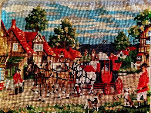 Borduurwerk, zijde, hond, ruiter, paard, koets, vintage, Hobby en Vrije tijd, Borduren en Borduurmachines, Ophalen