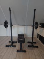 Fitness bank, halterstandaard, halterstang 180 cm, gewichten, Ophalen, Zo goed als nieuw, Fitnessbank