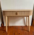 Ovale houten tafel met opbergruimte, Ophalen, 100 tot 150 cm, Modern scandinavisch, Zo goed als nieuw