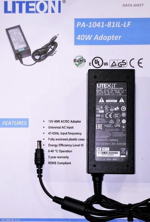 LITE-On PA-1041-81 12V 3.33A 40W LED Display Adapter Lader, Computers en Software, Pc- en Netwerkkabels, Nieuw, Ophalen of Verzenden