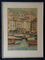 Fraaie aquarel Italiaanse haven Camogli JG den Hengst 50x36, Ophalen of Verzenden