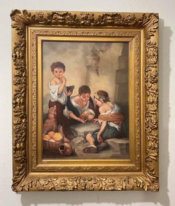 C. Heuvelmans - Jongens die Dobbelstenen Spelen, Antiek en Kunst, Kunst | Schilderijen | Klassiek, Ophalen of Verzenden