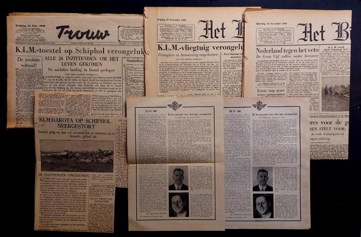 3 kranten/bladen crash KLM C-47 PH-TBW 1946 (K1083), Verzamelen, Luchtvaart en Vliegtuigspotten, Gebruikt, Boek of Tijdschrift