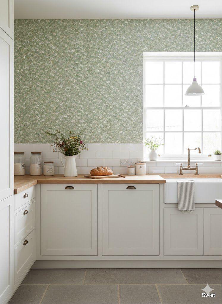 12487 Origineel vintage groen bloemen behang swiet, Ophalen of Verzenden, 75 m² of meer, Geel