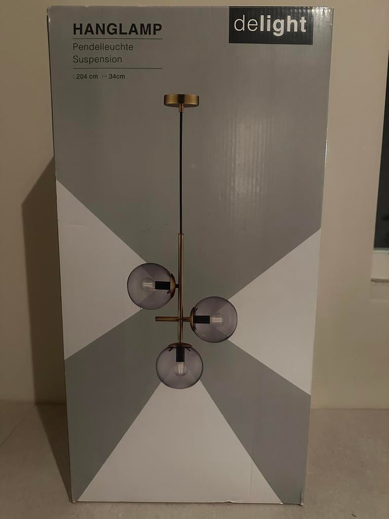NIEUW in doos | Hanglamp goud met rookglas – 3 lichtpunten, Ophalen of Verzenden, Nieuw, Glas, 75 cm of meer