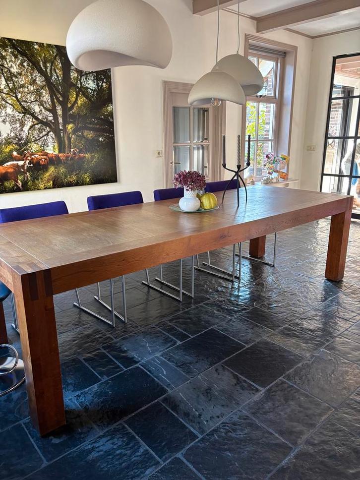 Lange eikenhouten Linteloo VNU tafel, Huis en Inrichting, Tafels | Eettafels, Gebruikt, 100 tot 150 cm, 200 cm of meer, Vijf personen of meer