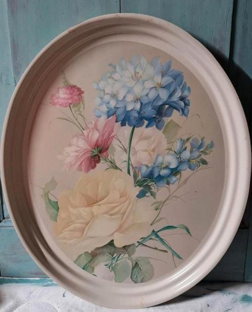 Bijzonder groot Frans brocant dienblad hortensia's, Huis en Inrichting, Woonaccessoires | Dienbladen, Hout, Ovaal, Ophalen