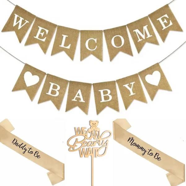 We can bearly wait babyshower set met jute en hout, Hobby en Vrije tijd, Feestartikelen, Nieuw, Versiering, Geboorte of Huwelijk