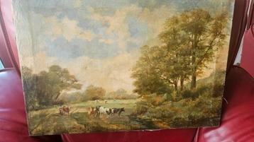 Lag opzolder koeien schilderij DOEK antiek 60x40 geen lijst  beschikbaar voor biedingen