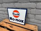 Vintage Gulf No-Nox Emaille Reclamebord, Verzamelen, Merken en Reclamevoorwerpen, Reclamebord, Gebruikt, ., Ophalen of Verzenden
