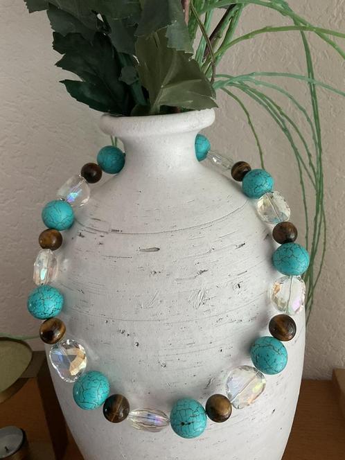Ketting met grote tijgeroog, howliet en kristal kralen, Sieraden, Tassen en Uiterlijk, Kettingen, Nieuw, Steen of Mineraal, Met edelsteen