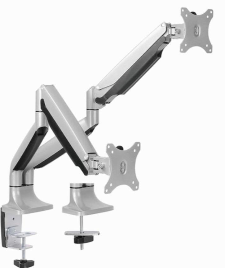 DQ Dubbele Monitorarm zilver- met Gasveer, Computers en Software, Monitoren, Zo goed als nieuw, 101 t/m 150 Hz, In hoogte verstelbaar