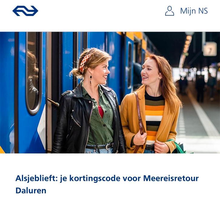 NS kortingscode voor Meereisretour Daluren, Tickets en Kaartjes, Trein, Bus en Vliegtuig, Eén persoon, Kortingskaartje, Trein