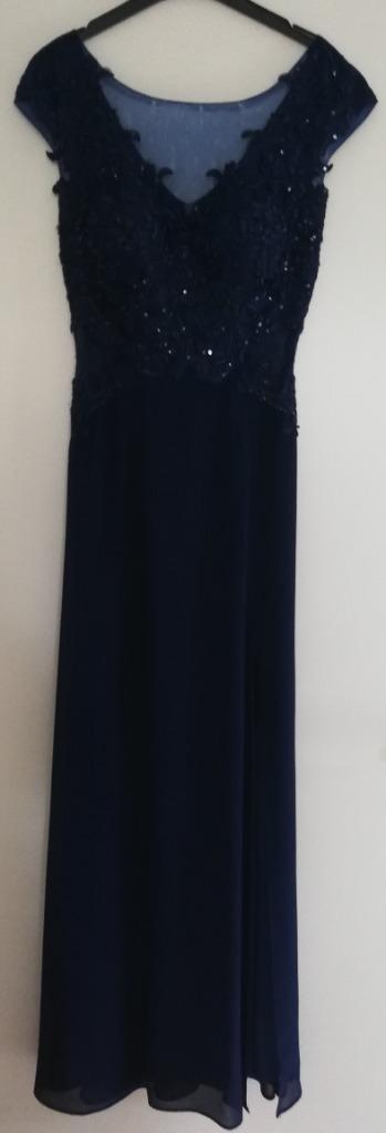 Donker blauwe galajurk maat S, Kleding | Dames, Jurken, Zo goed als nieuw, Maat 36 (S), Blauw, Onder de knie, Ophalen of Verzenden