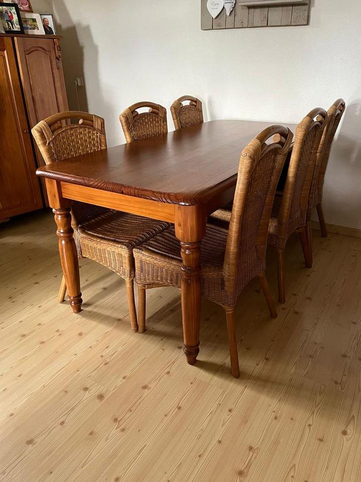 Grenen Eethoek met Rotan Stoelen, Huis en Inrichting, Tafels | Eettafels, Gebruikt, 50 tot 100 cm, 150 tot 200 cm, Vijf personen of meer