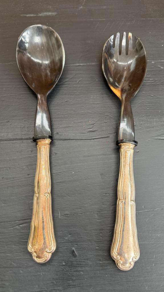 Antiek saladebestek – hoorn & verzilverde handgrepen, Antiek en Kunst, Antiek | Bestek, Ophalen of Verzenden