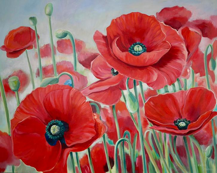 Schilderij klaprozen uit eigen atelier, Antiek en Kunst, Kunst | Schilderijen | Modern, Ophalen of Verzenden